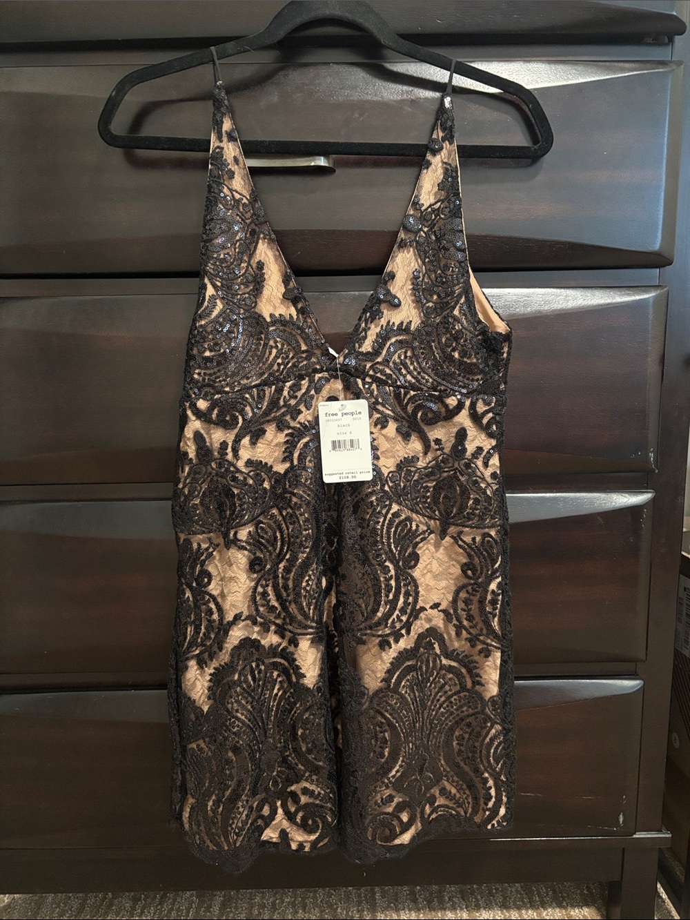 Free People Nude and Black Lace V-Neck Mini Dress